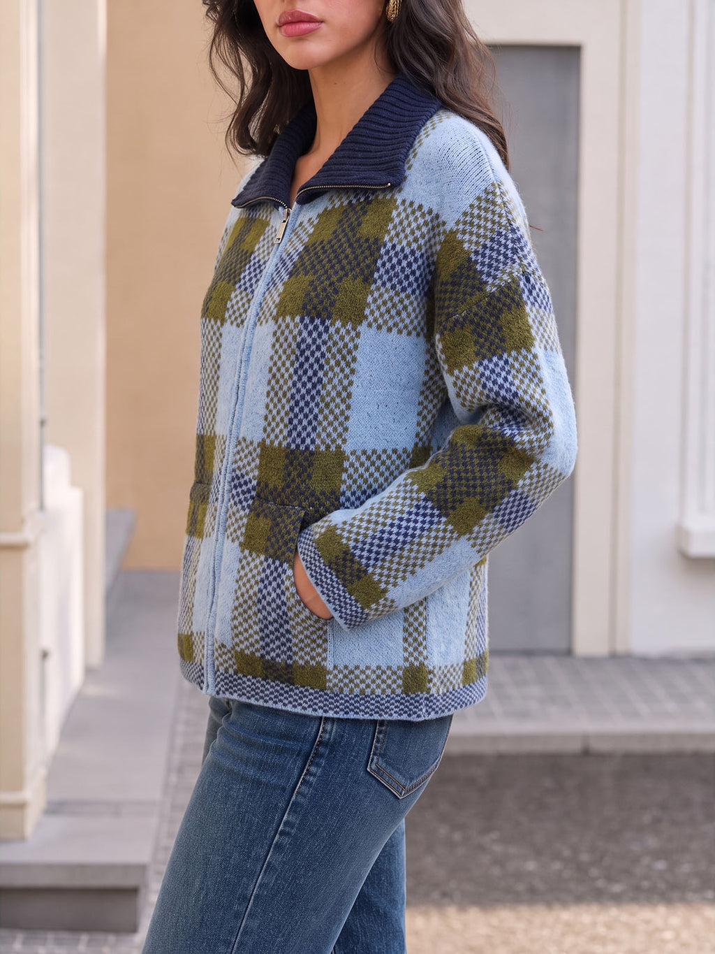 Saodimallsu Womens Plaid Color Block Zip Cardigan