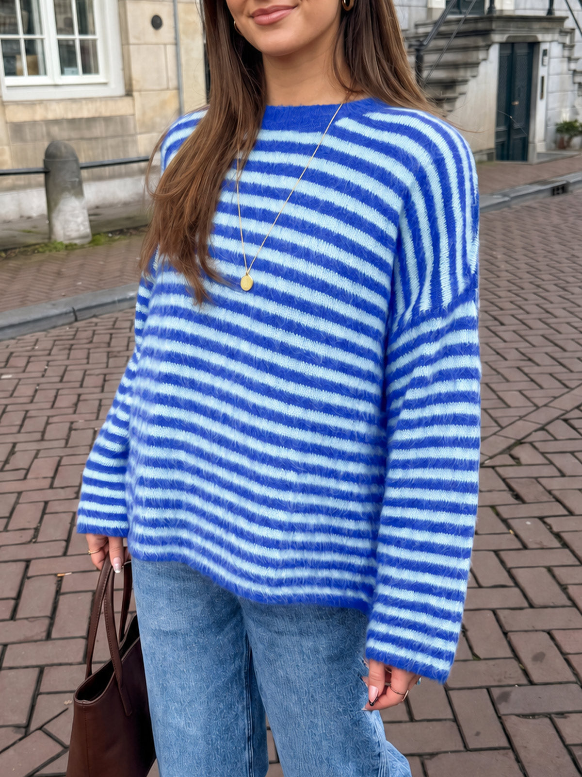 Saodimallsu Womens Fuzzy Crew Neck Striped Sweaters