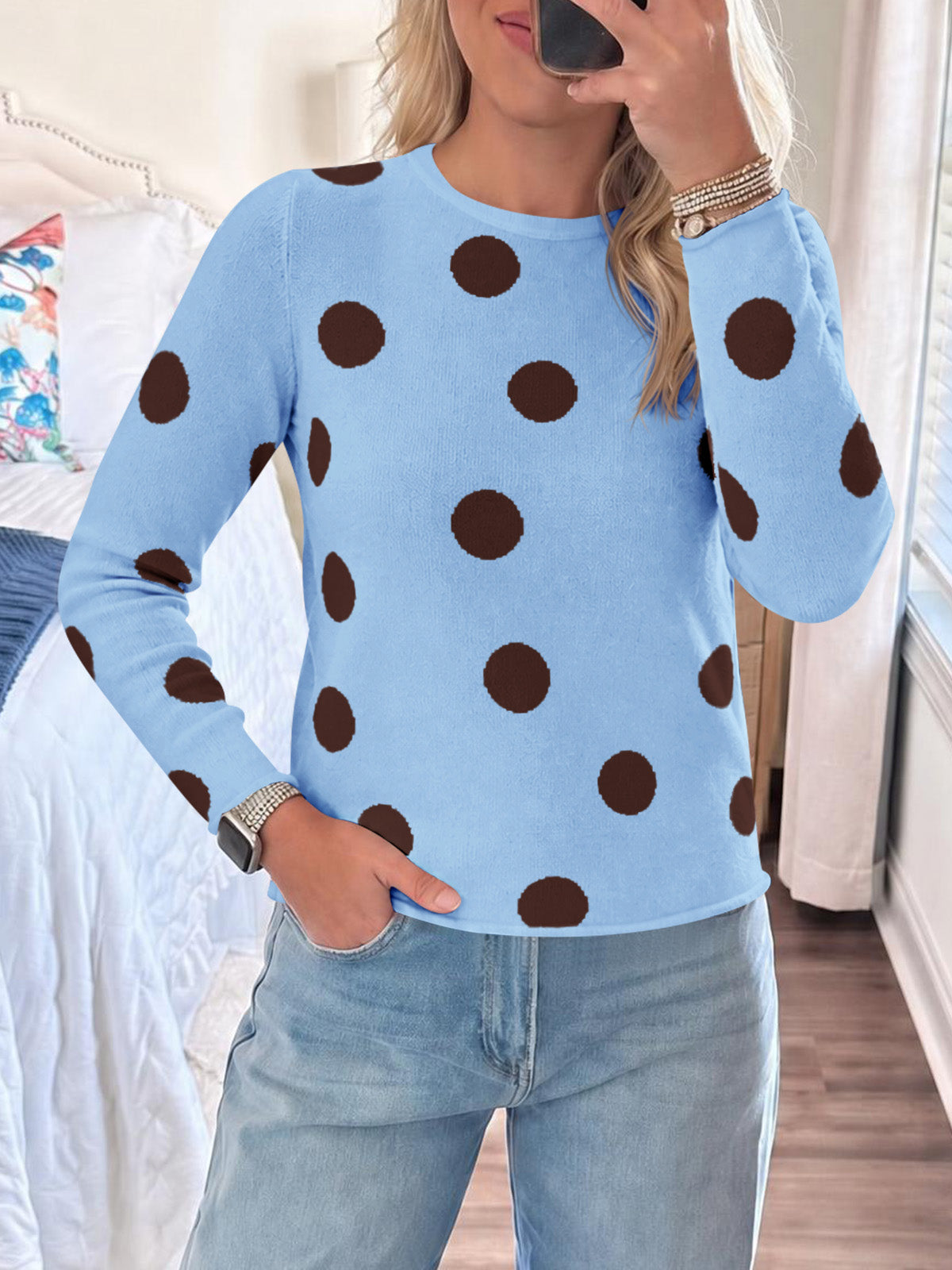 Saodimallsu Womens Polka Dot Long Sleeve Sweater