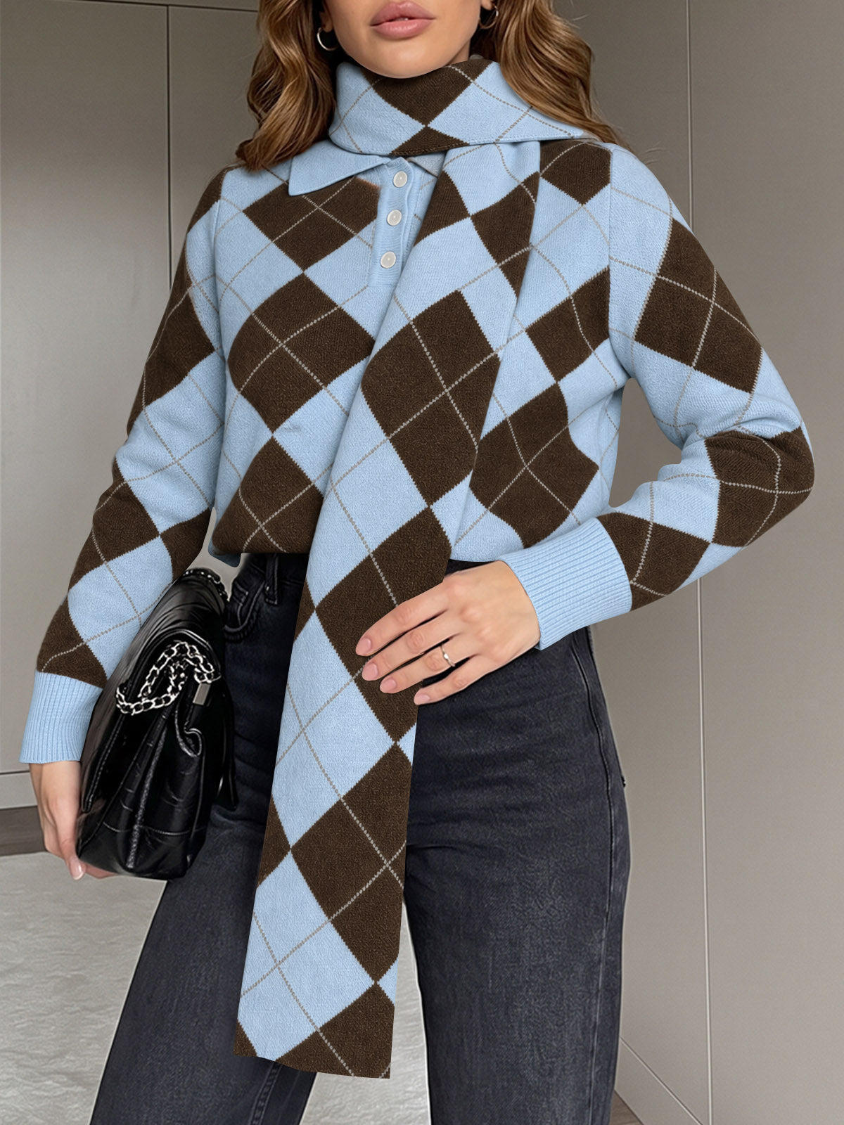 Saodimallsu Womens Argyle Color Block Polo Sweater
