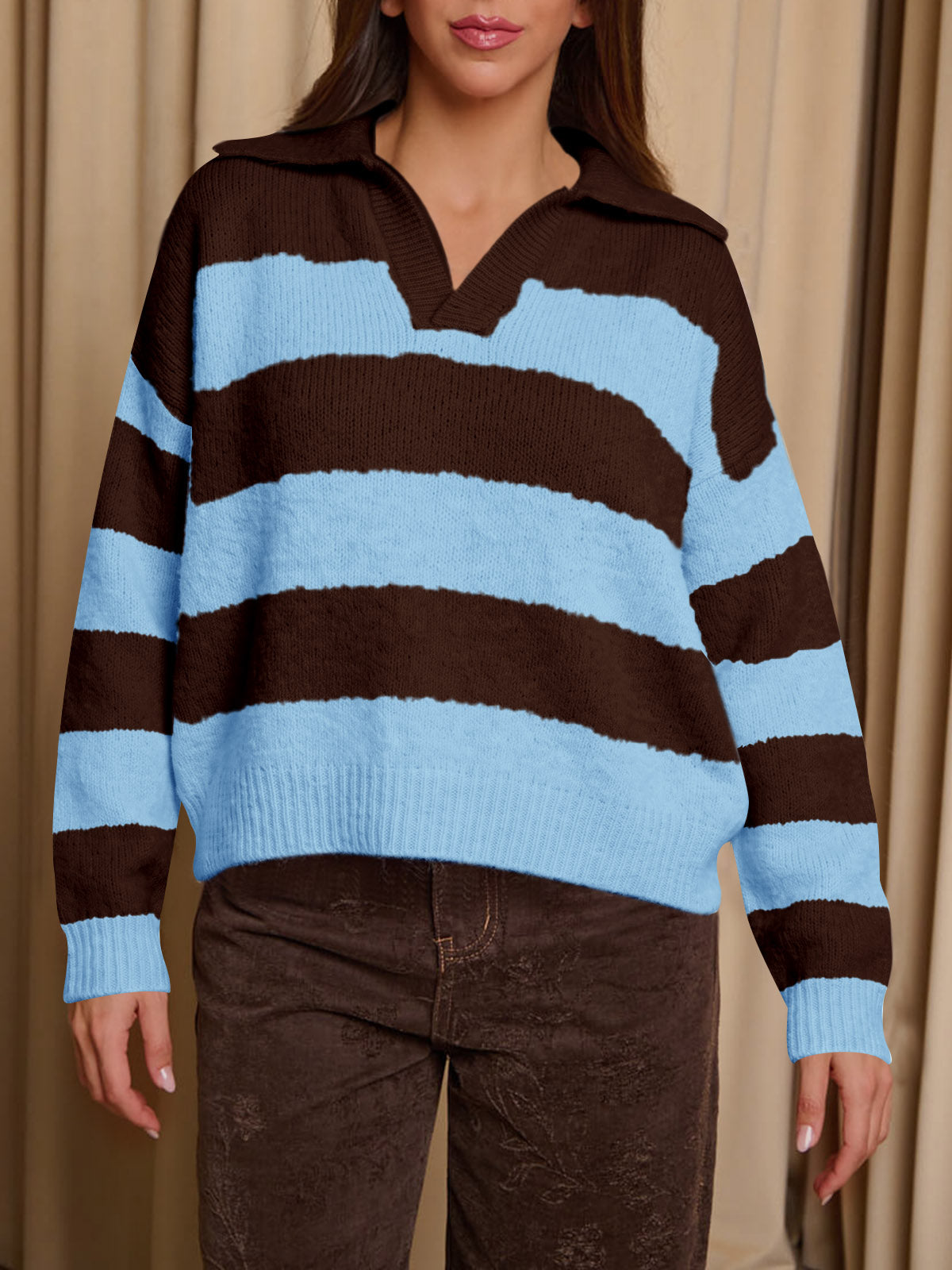 Saodimallsu Womens Striped Polo V Neck Sweaters