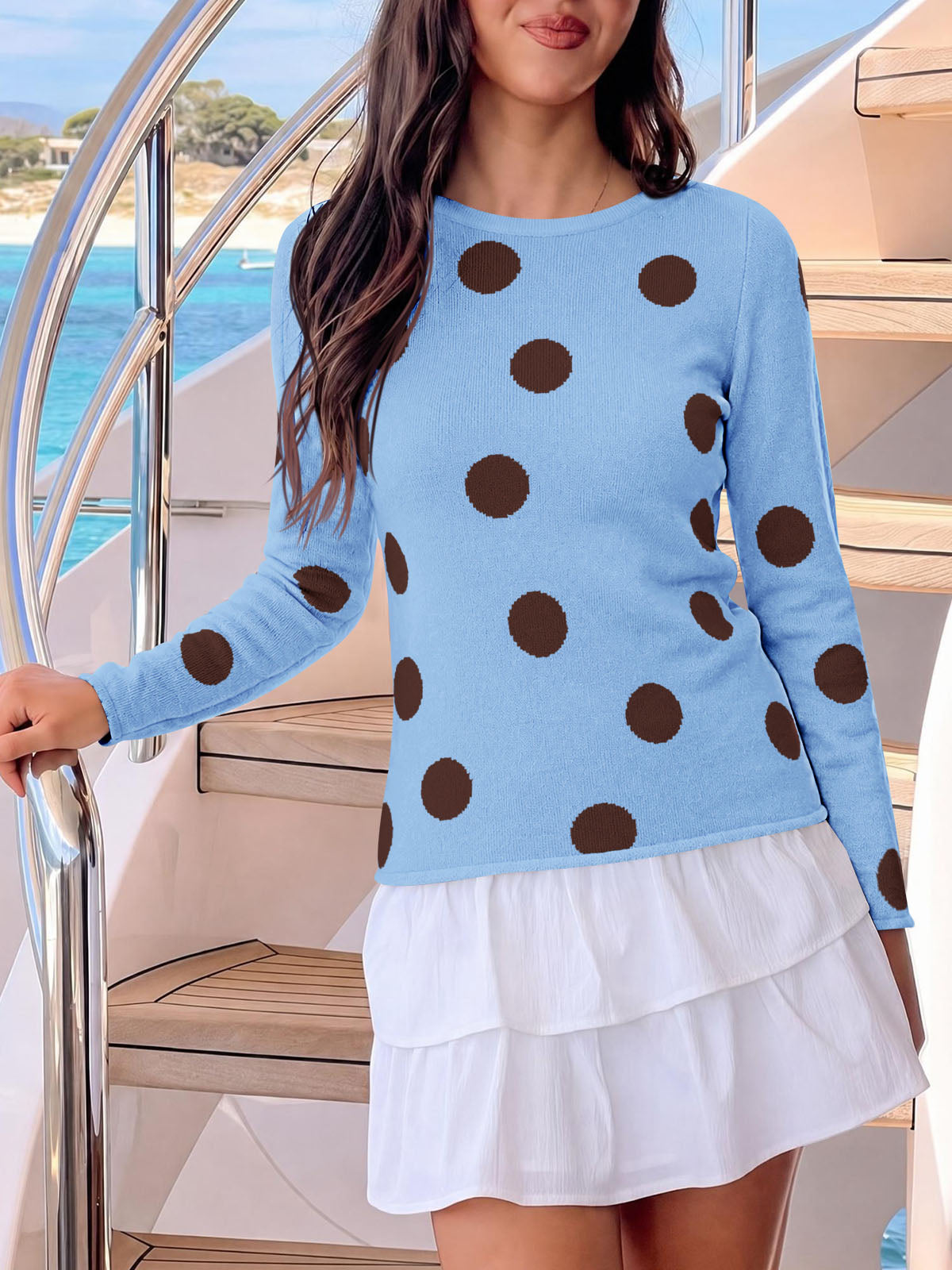 Saodimallsu Womens Polka Dot Long Sleeve Sweater