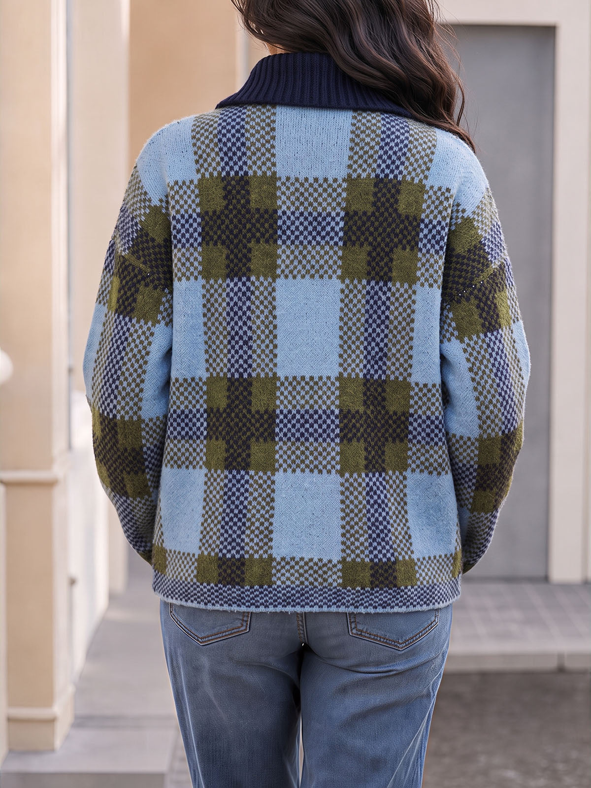 Saodimallsu Womens Plaid Color Block Zip Cardigan