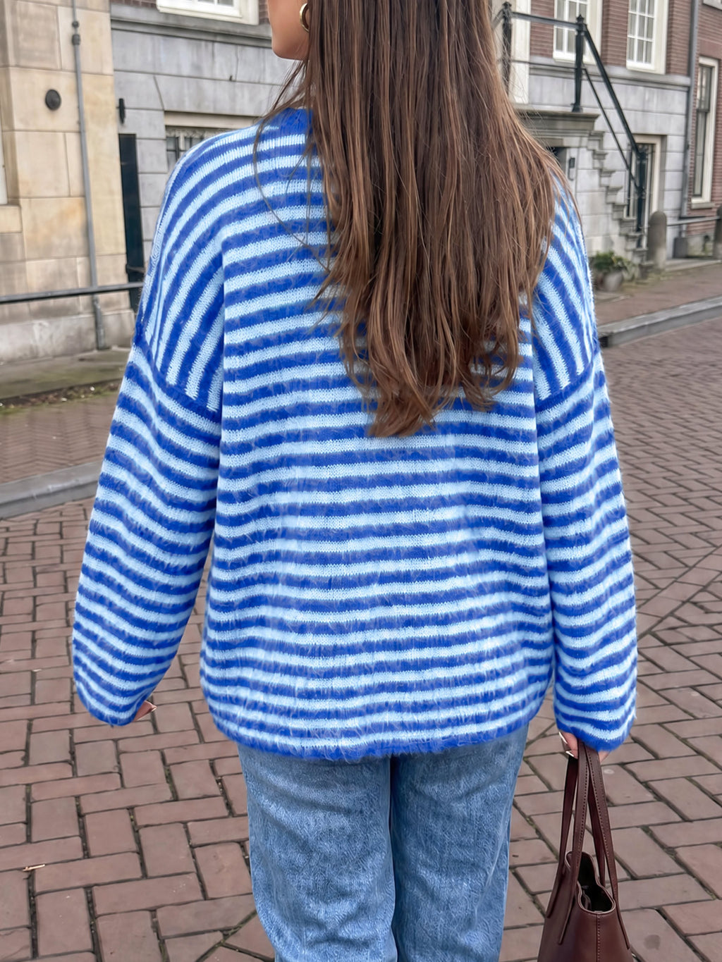 Saodimallsu Womens Fuzzy Crew Neck Striped Sweaters