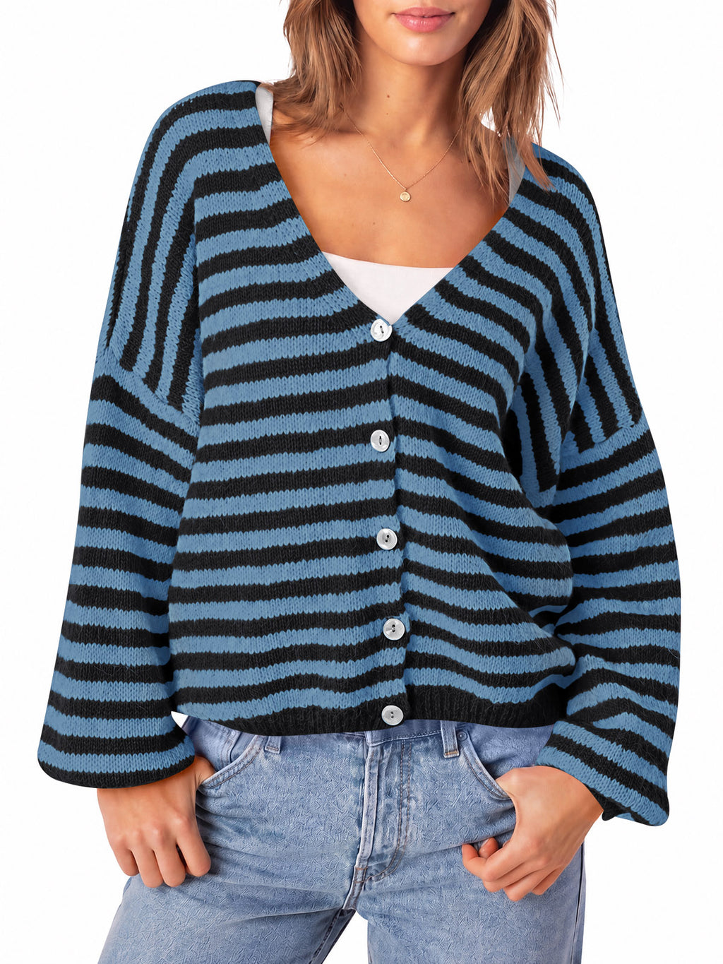 Saodimallsu Women Striped V-Neck Knit Cardigan Sweater