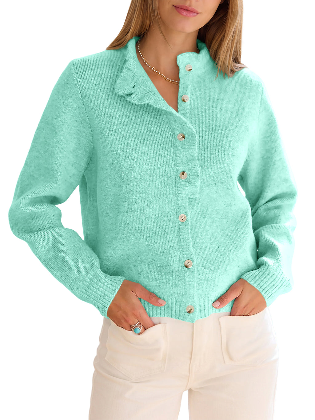 Saodimallsu Women Ruffle Mock Neck Knit Cardigan