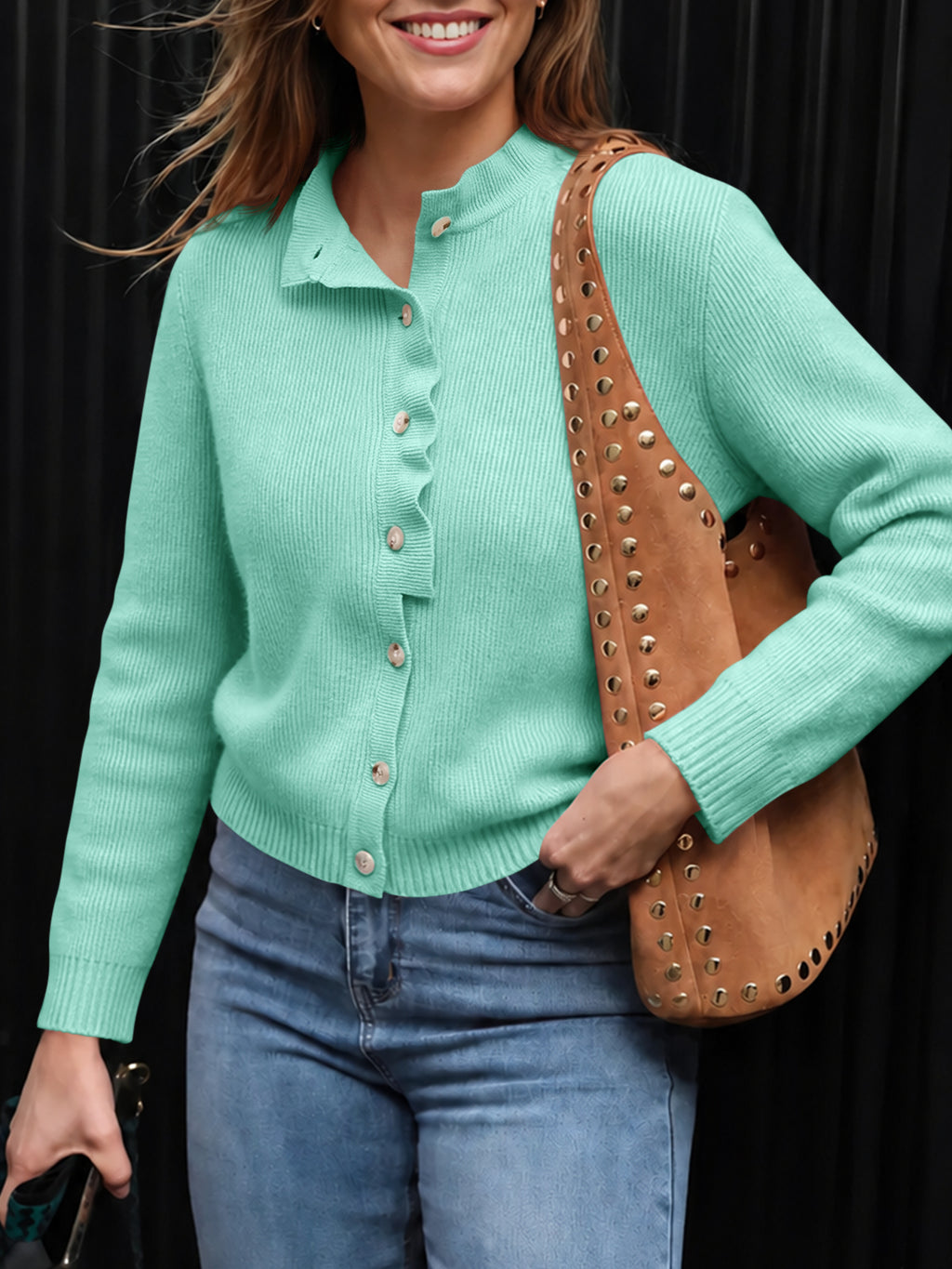 Saodimallsu Women Ruffle Mock Neck Knit Cardigan