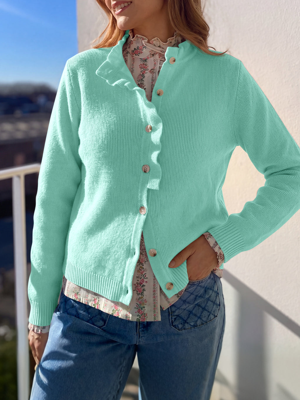 Saodimallsu Women Ruffle Mock Neck Knit Cardigan