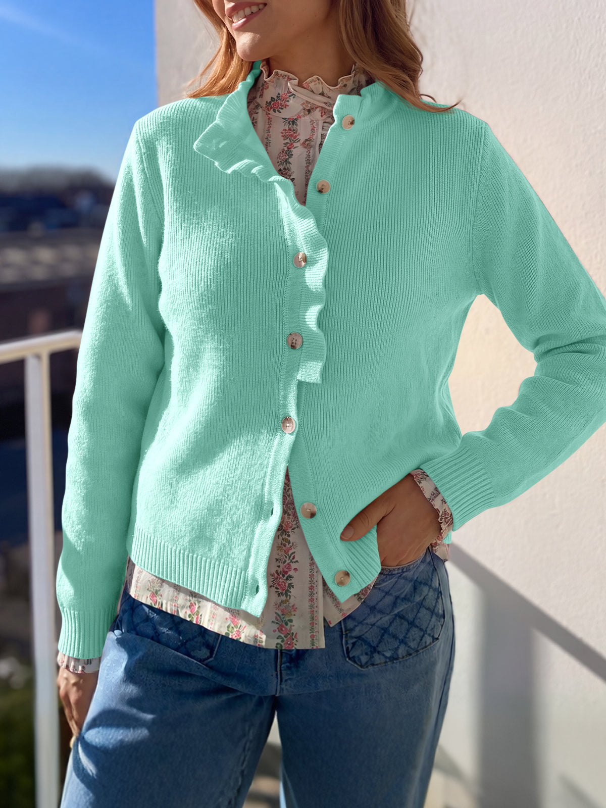 Saodimallsu Women Ruffle Mock Neck Knit Cardigan