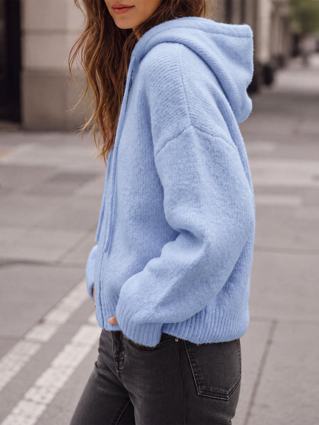 Saodimallsu Womens Zip Up Hooded Knit Cardigan