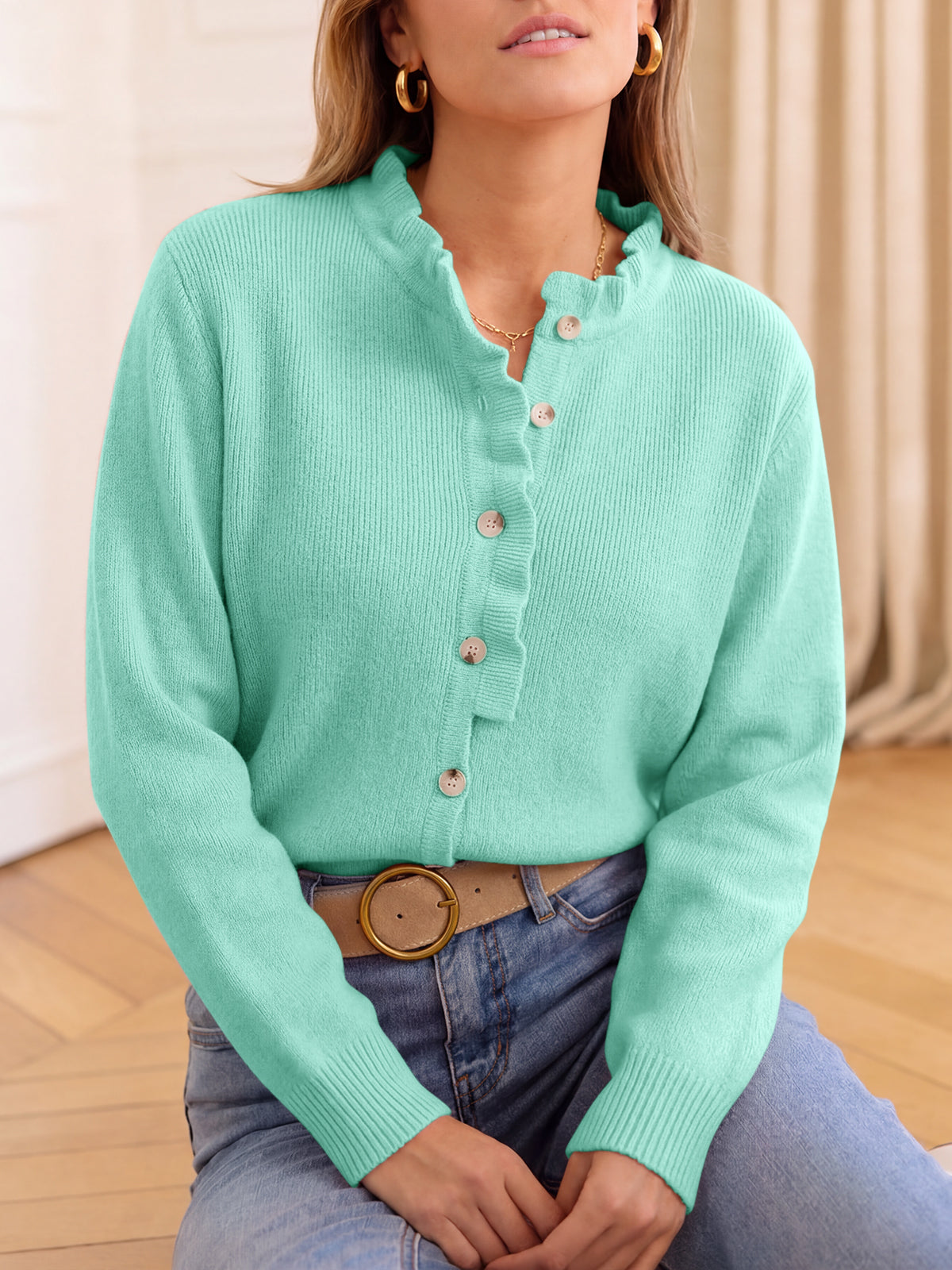 Saodimallsu Women Ruffle Mock Neck Knit Cardigan