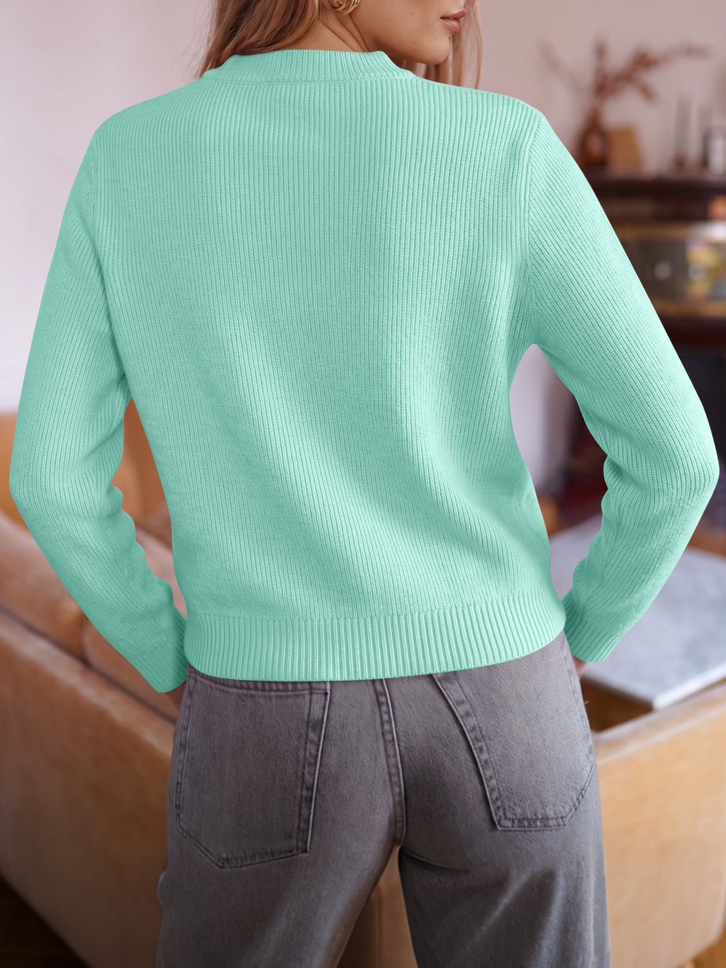 Saodimallsu Women Ruffle Mock Neck Knit Cardigan