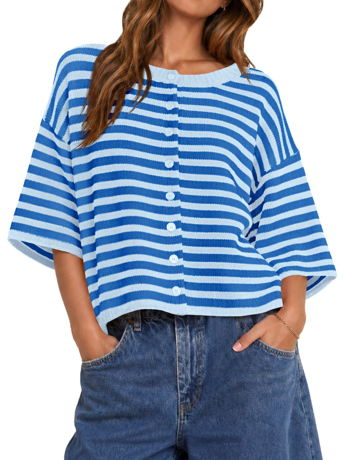 Saodimallsu Women Striped Cropped Cardigan