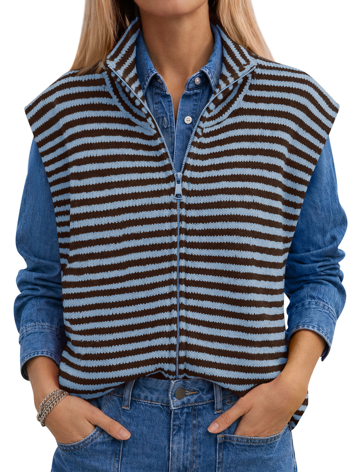 Saodimallsu Women Striped Zip Up Knit Cardigan