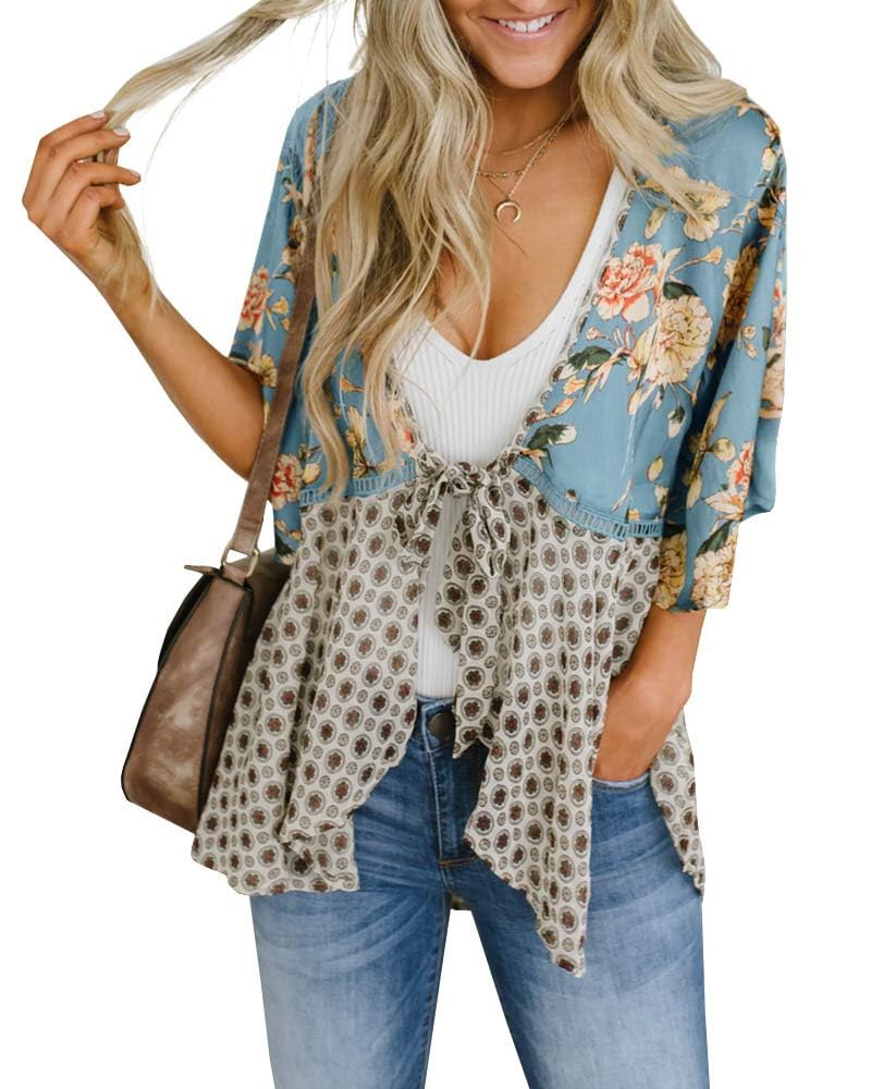 Saodimallsu Womens Tie Front Floral Kimono Cardigans