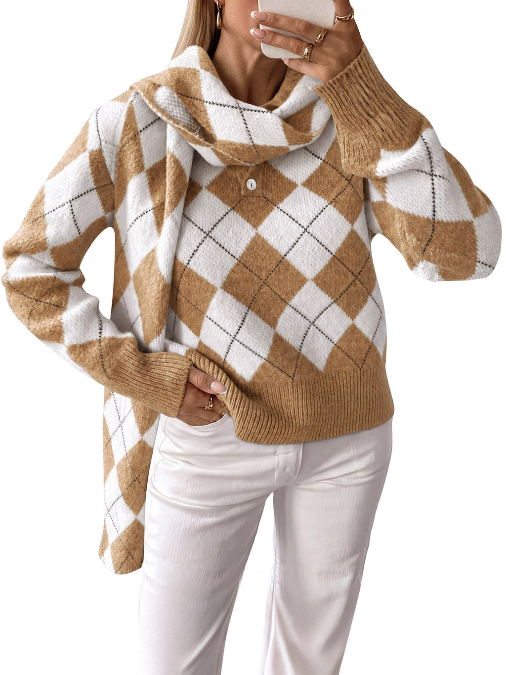 Saodimallsu Womens Argyle Color Block Polo Sweater