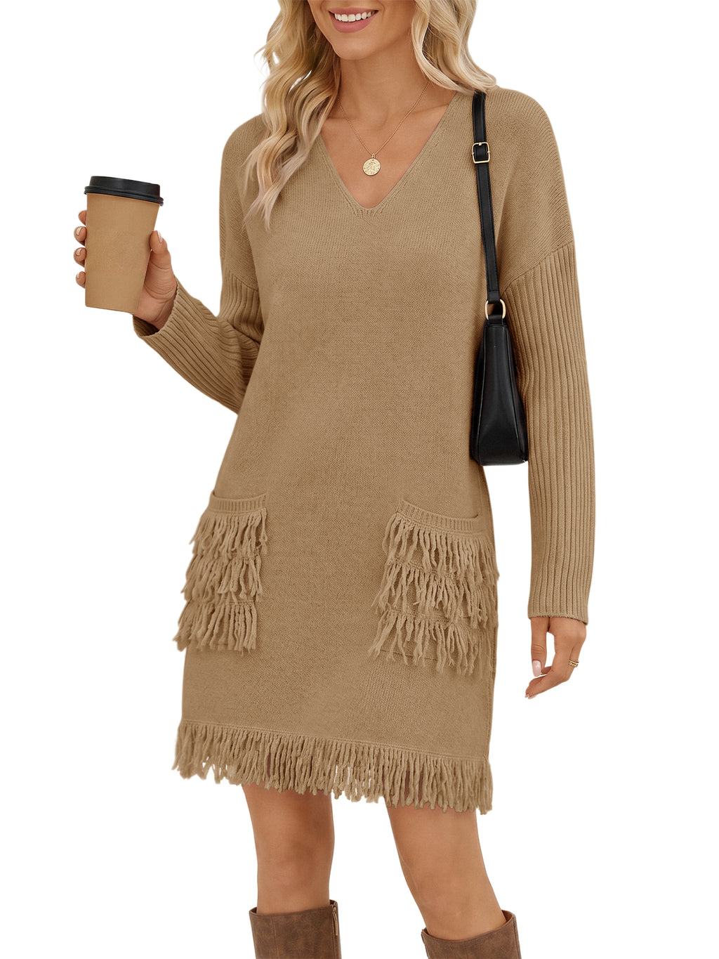 Saodimallsu Womens V Neck Sweater Dress
