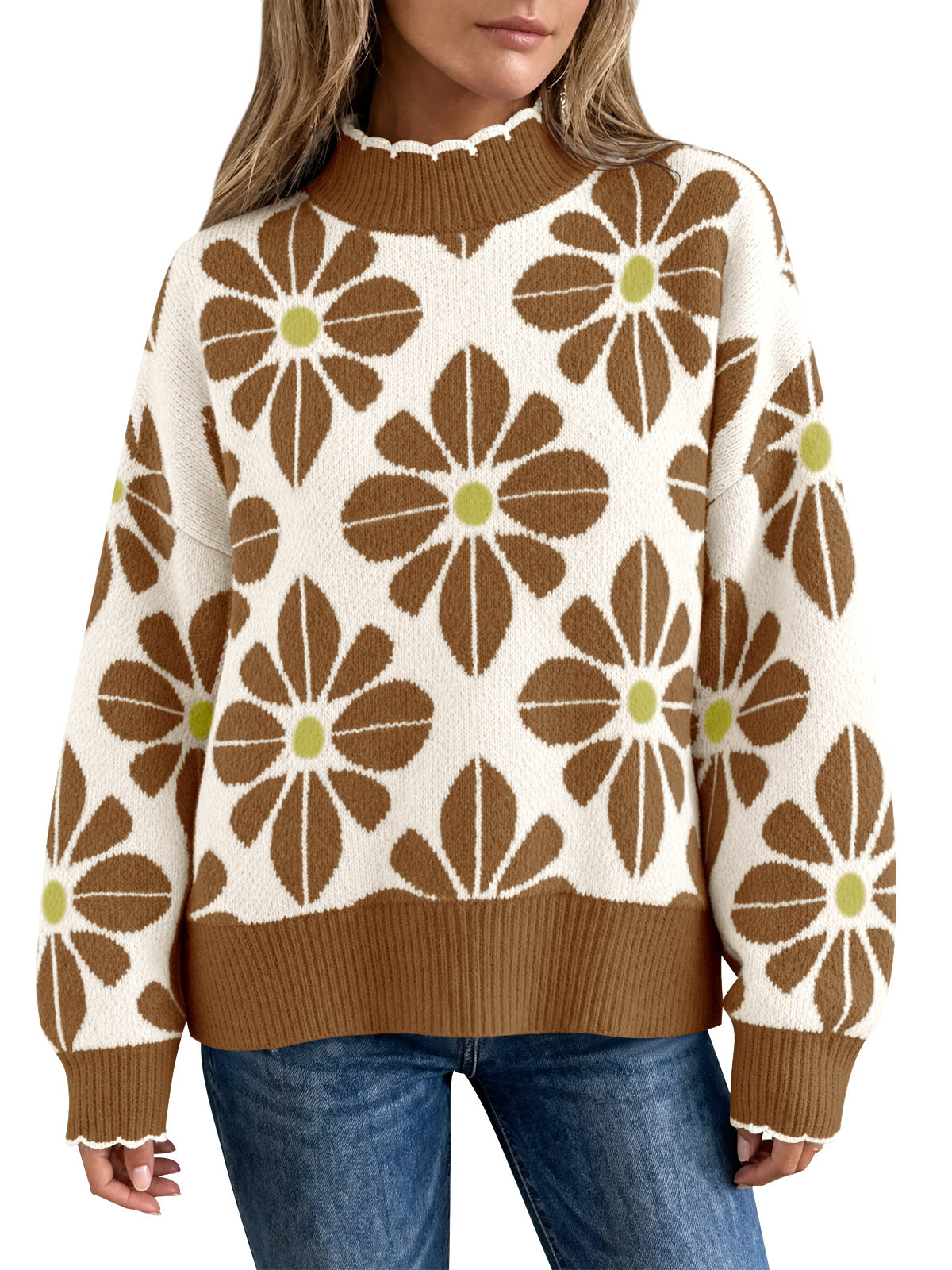 Saodimallsu Womens Mock Neck Floral Knit Sweater