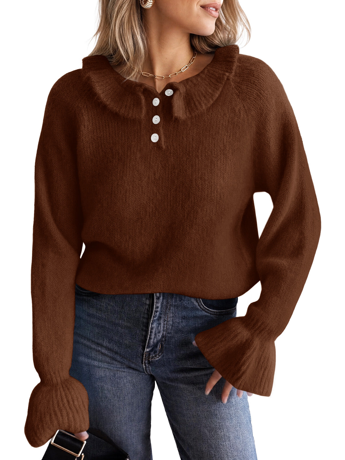 Saodimallsu Women Ruffle Collared Long Sleeve Sweater