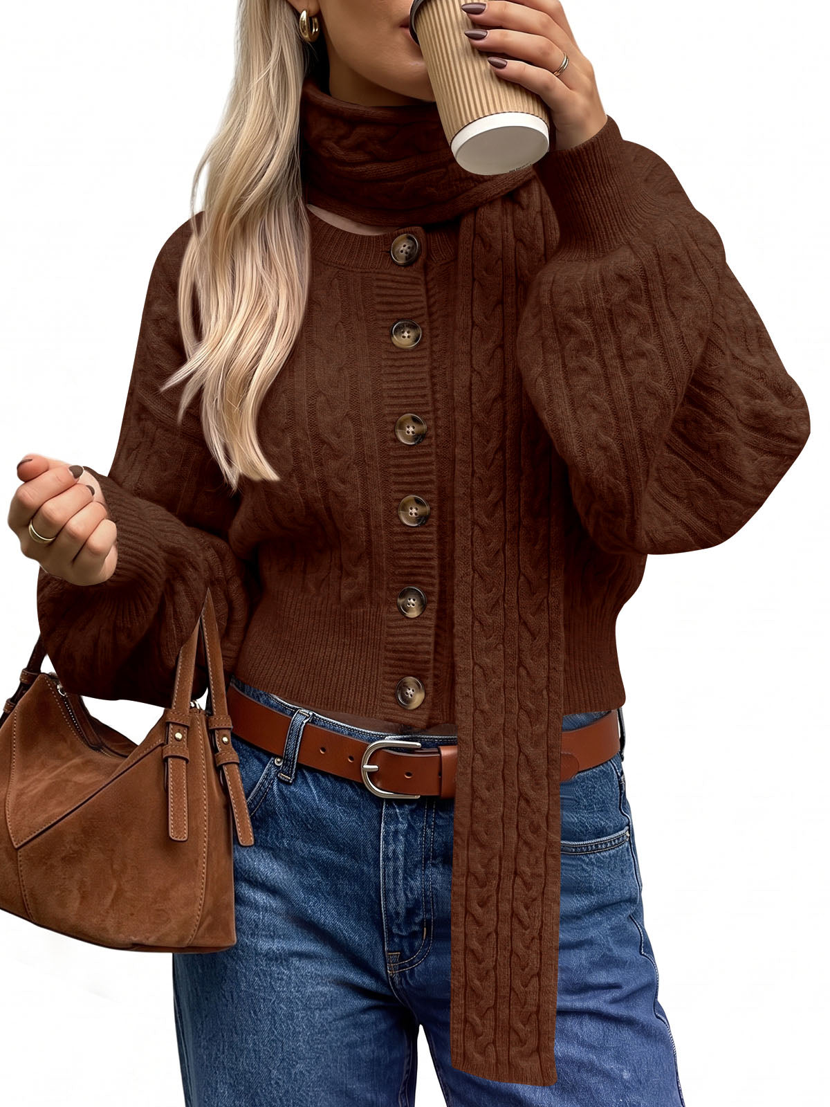 Saodimallsu Womens Cable Knit Cardigan with Scarf