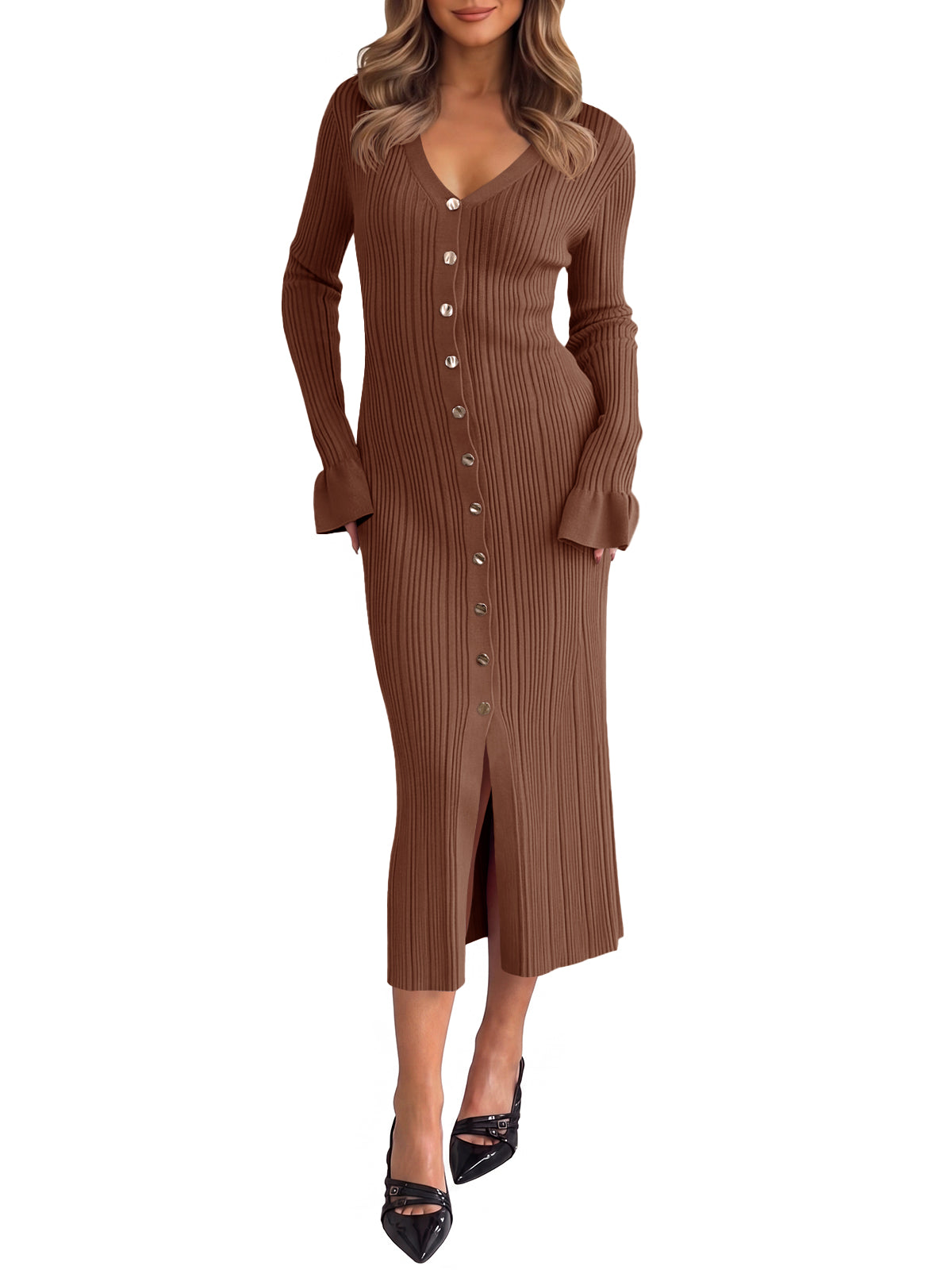 Saodimallsu Womens V Neck Midi Sweater Dress