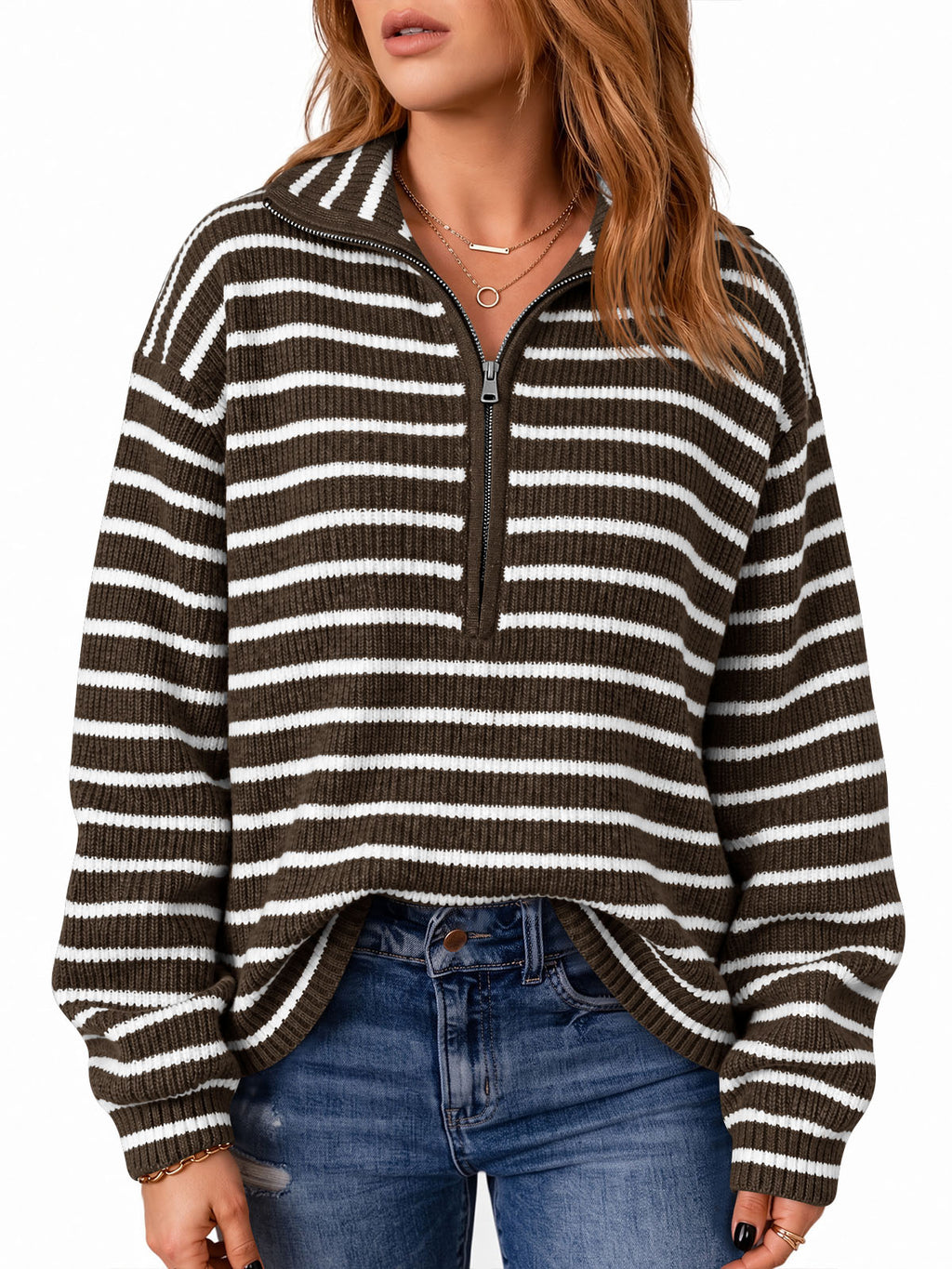 Saodimallsu Womens Striped Half Zip Sweater