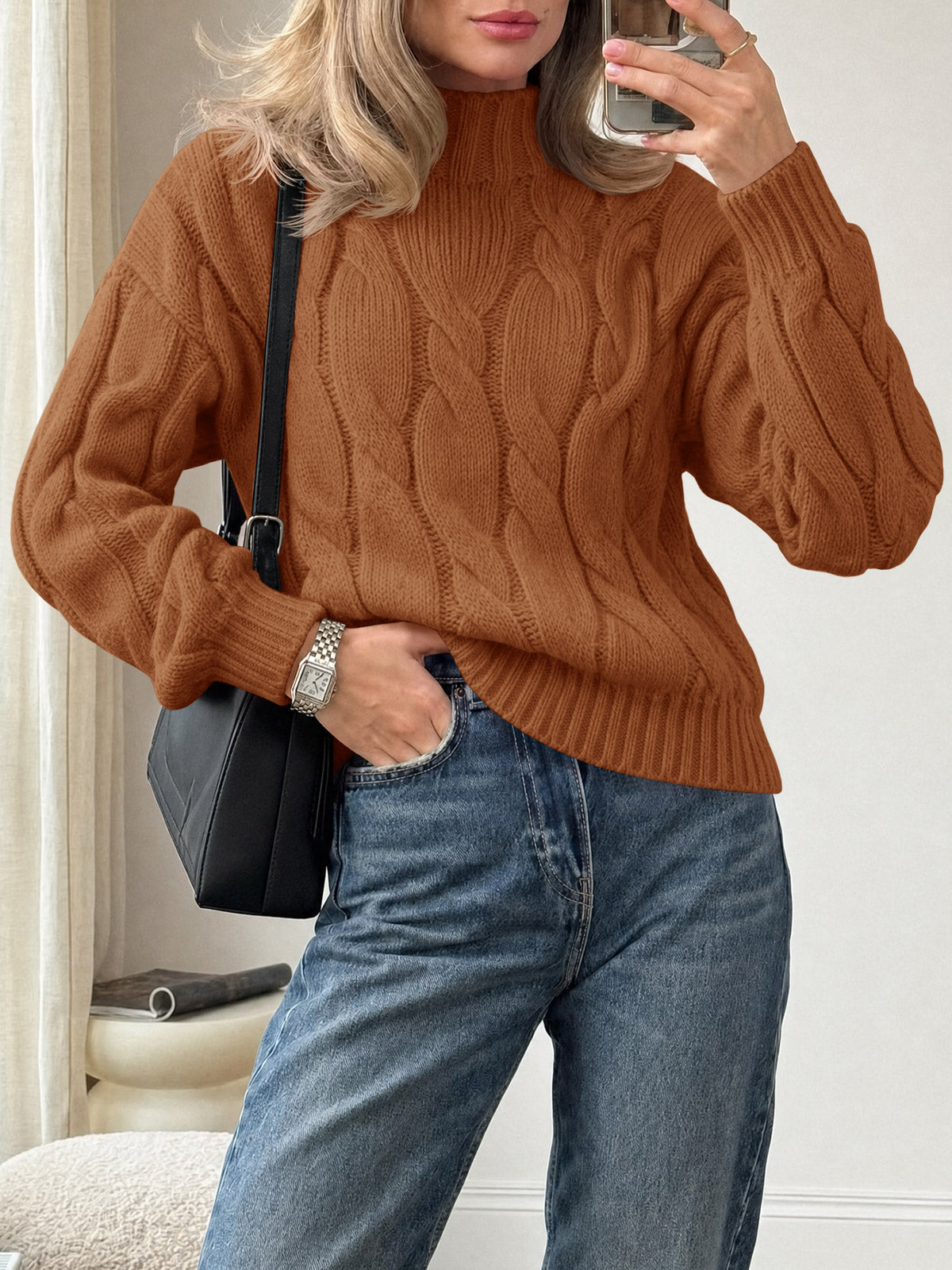 Saodimallsu Womens Mock Neck Cable Knit Sweater