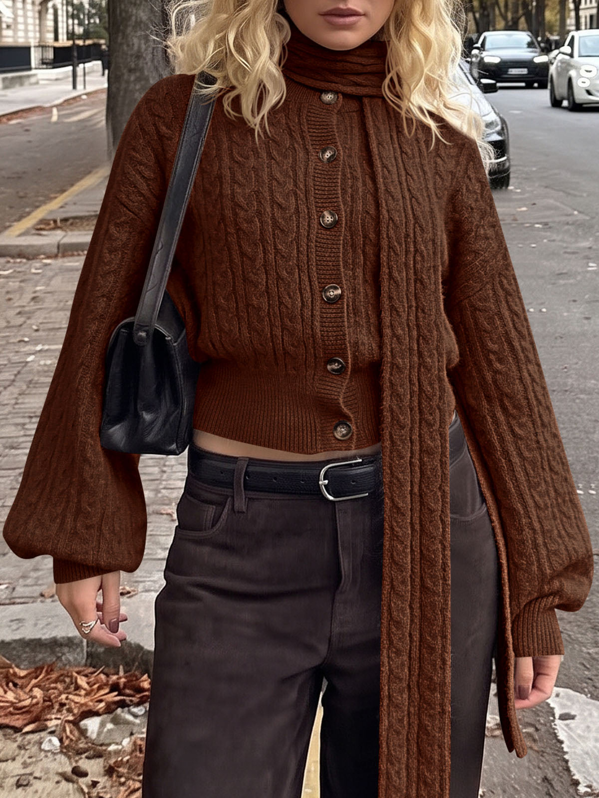 Saodimallsu Womens Cable Knit Cardigan with Scarf