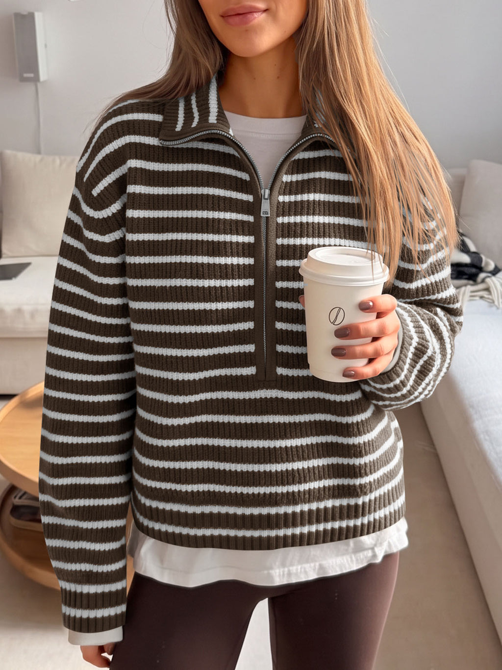 Saodimallsu Womens Striped Half Zip Sweater