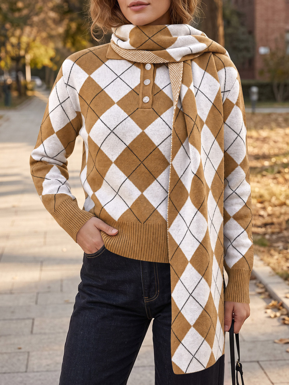Saodimallsu Womens Argyle Color Block Polo Sweater
