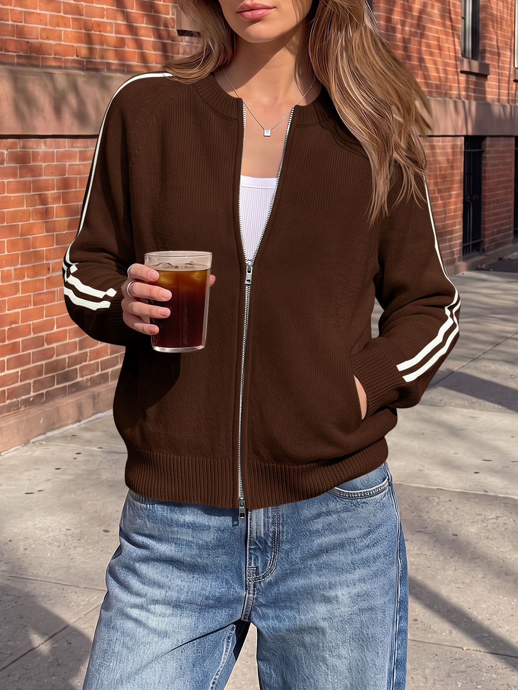 Saodimallsu Womens Zip Up Crew Neck Cardigan