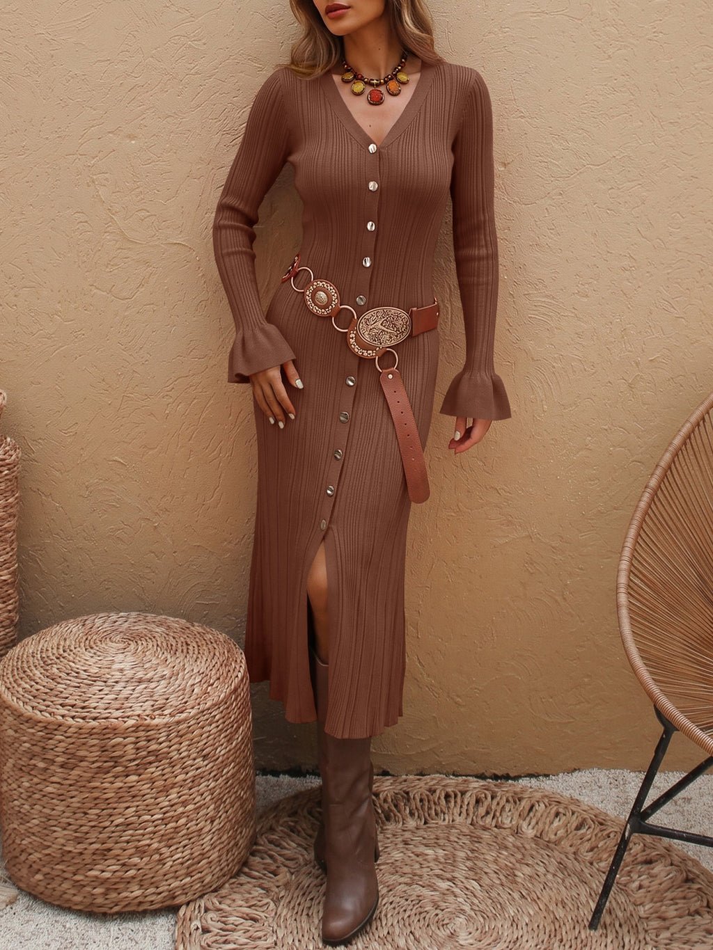 Saodimallsu Womens V Neck Midi Sweater Dress