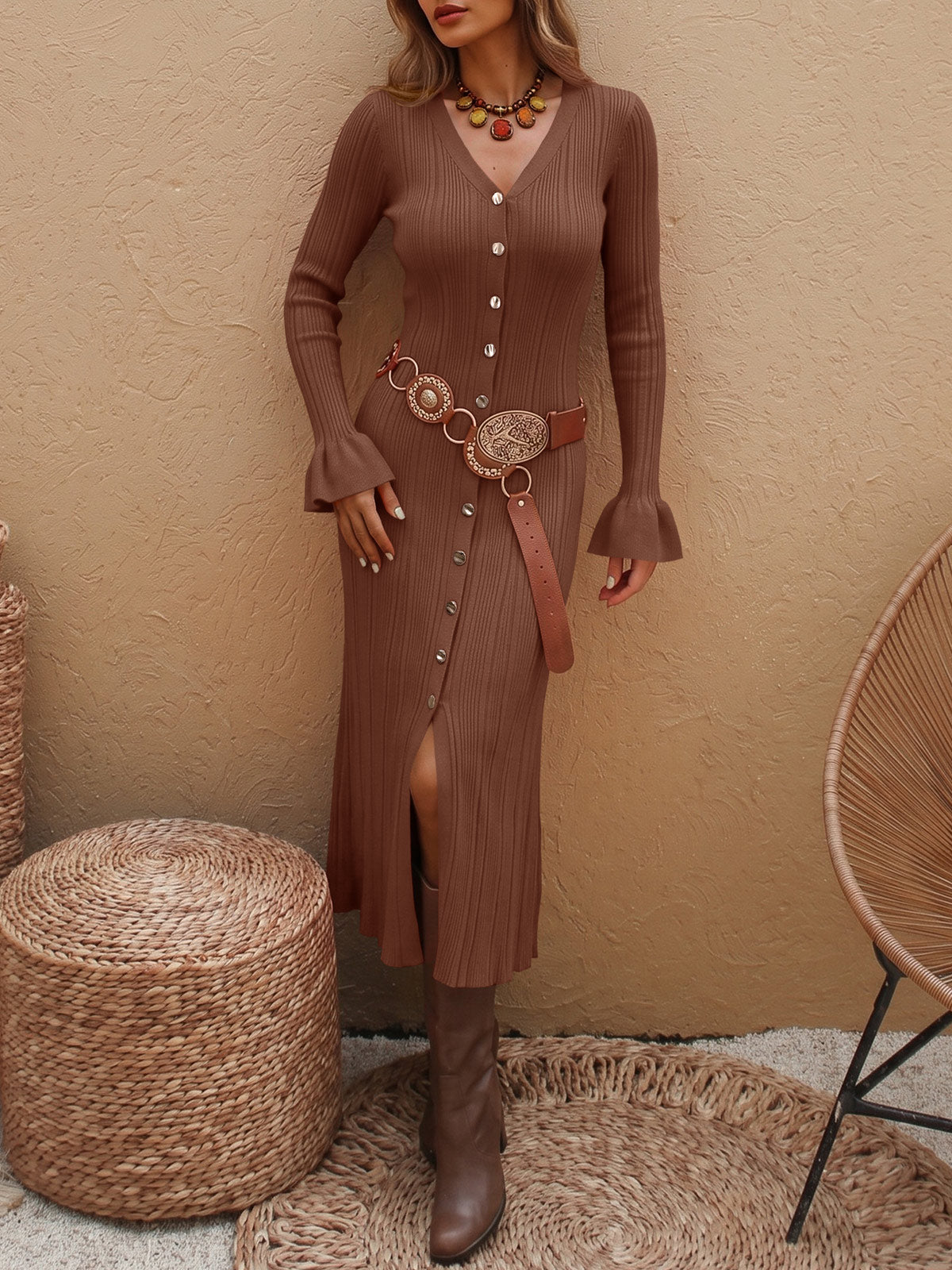 Saodimallsu Womens V Neck Midi Sweater Dress