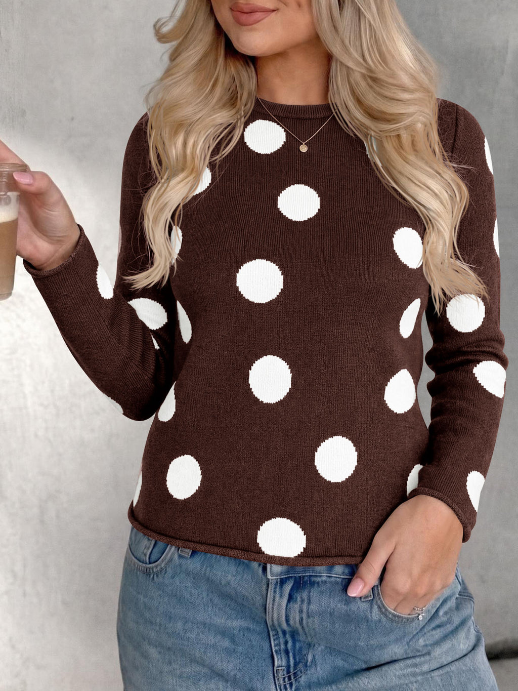 Saodimallsu Womens Polka Dot Long Sleeve Sweater
