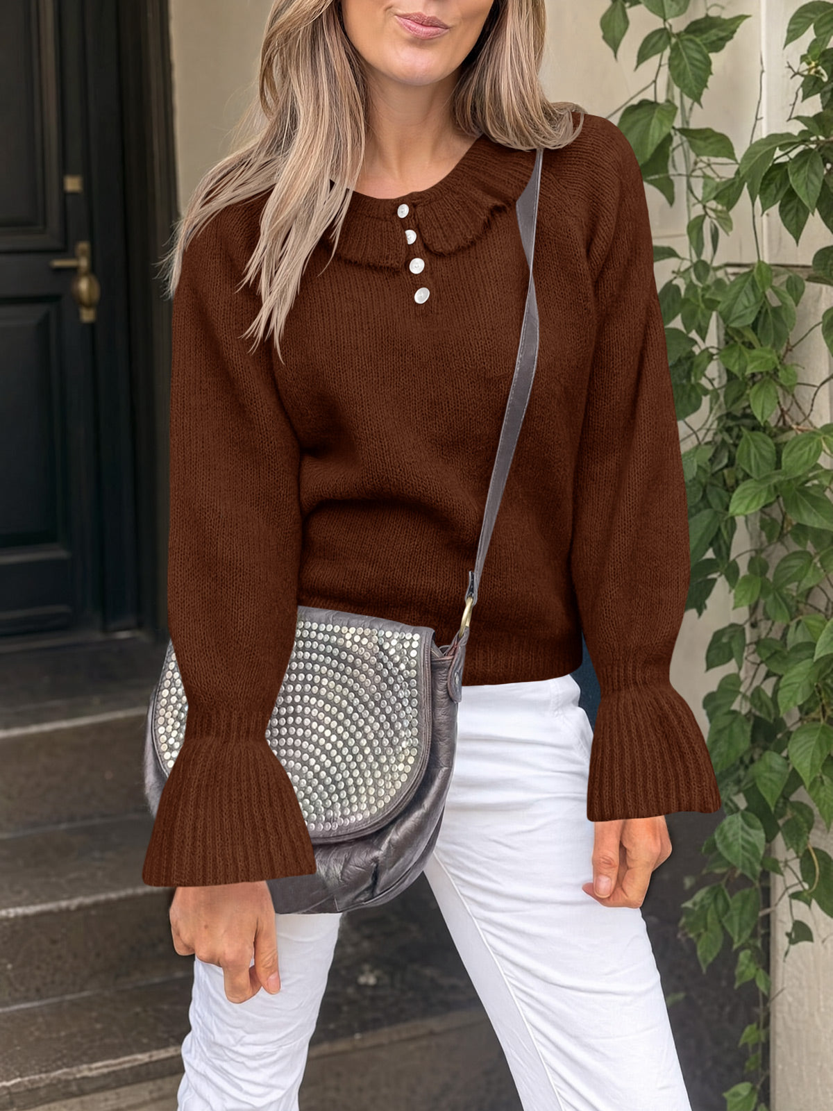 Saodimallsu Women Ruffle Collared Long Sleeve Sweater
