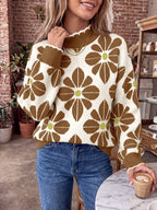 Saodimallsu Womens Mock Neck Floral Knit Sweater