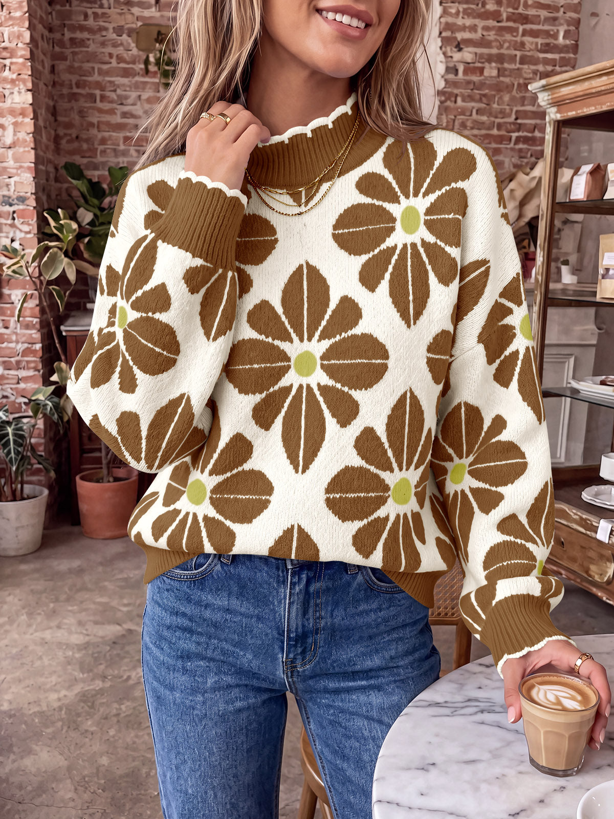 Saodimallsu Womens Mock Neck Floral Knit Sweater