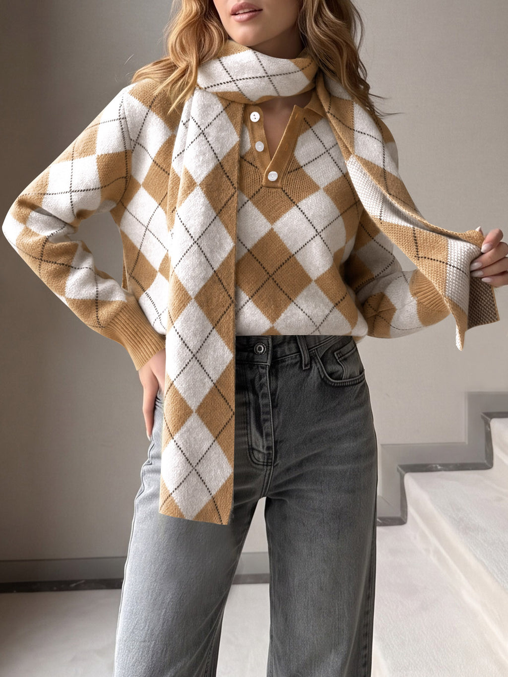 Saodimallsu Womens Argyle Color Block Polo Sweater