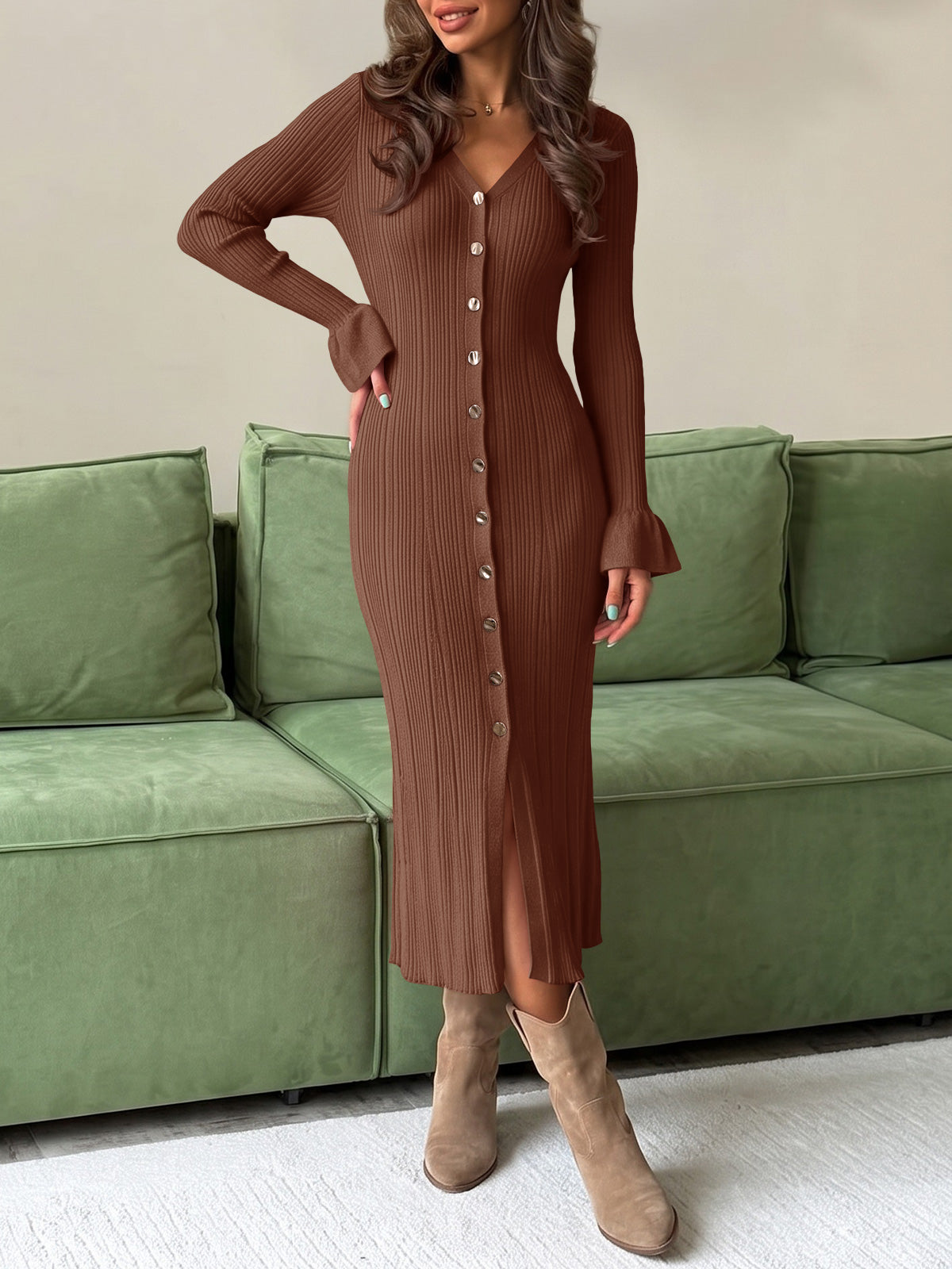 Saodimallsu Womens V Neck Midi Sweater Dress