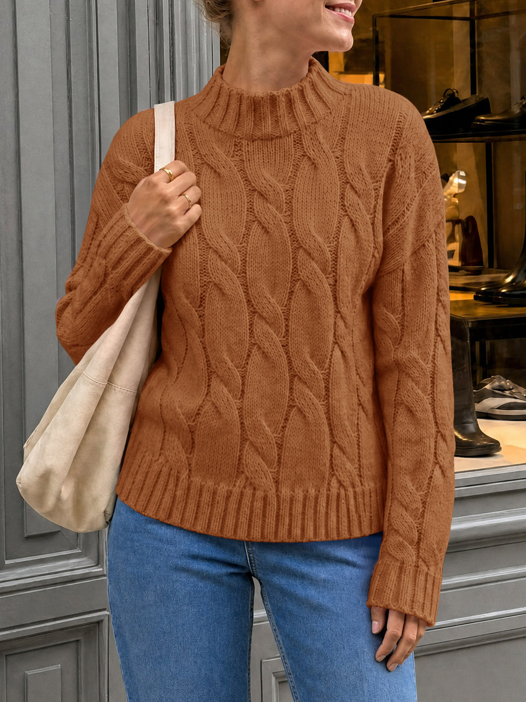 Saodimallsu Womens Mock Neck Cable Knit Sweater
