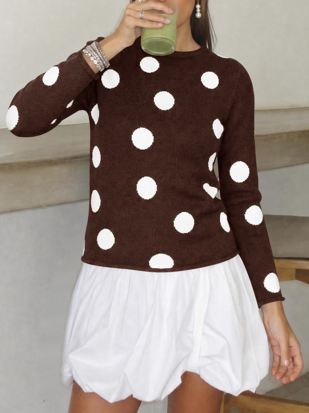 Saodimallsu Womens Polka Dot Long Sleeve Sweater