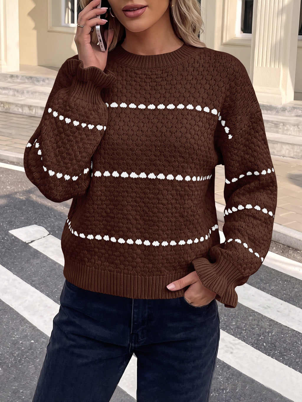 Saodimallsu Womens Heart Striped Ruffle Sweaters