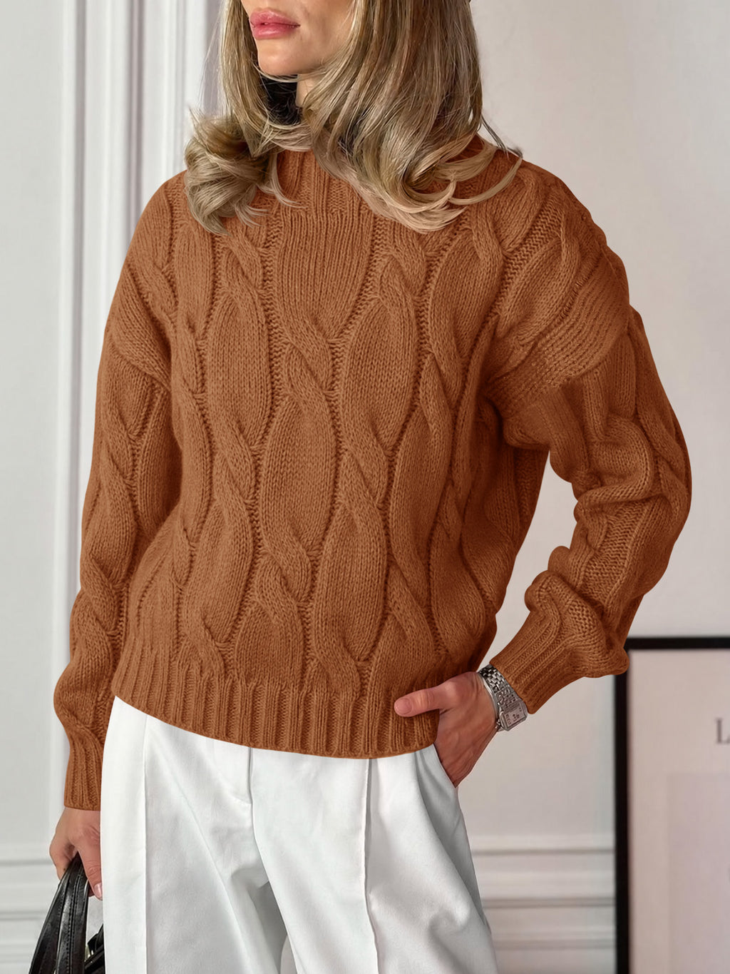 Saodimallsu Womens Mock Neck Cable Knit Sweater