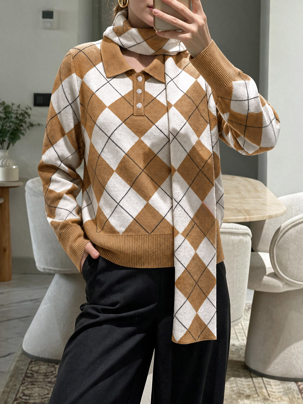 Saodimallsu Womens Argyle Color Block Polo Sweater