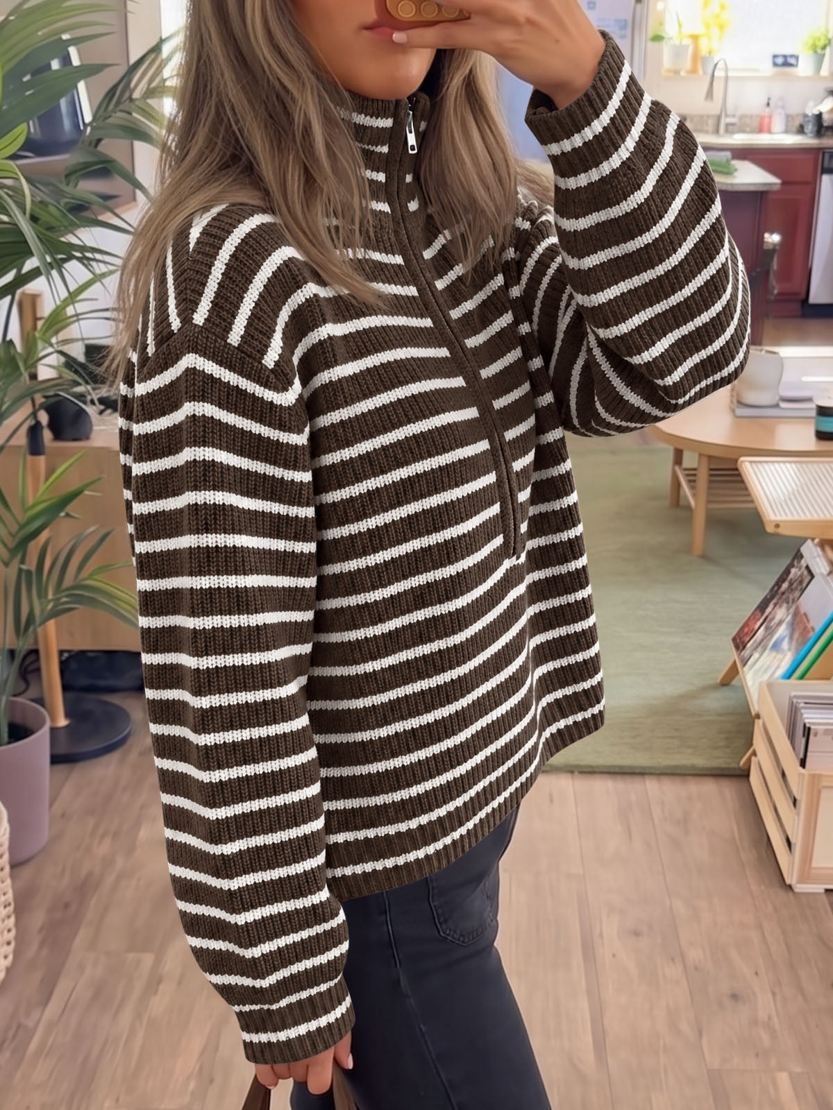 Saodimallsu Womens Striped Half Zip Sweater