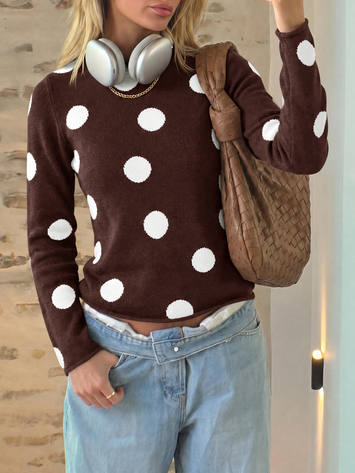 Saodimallsu Womens Polka Dot Long Sleeve Sweater