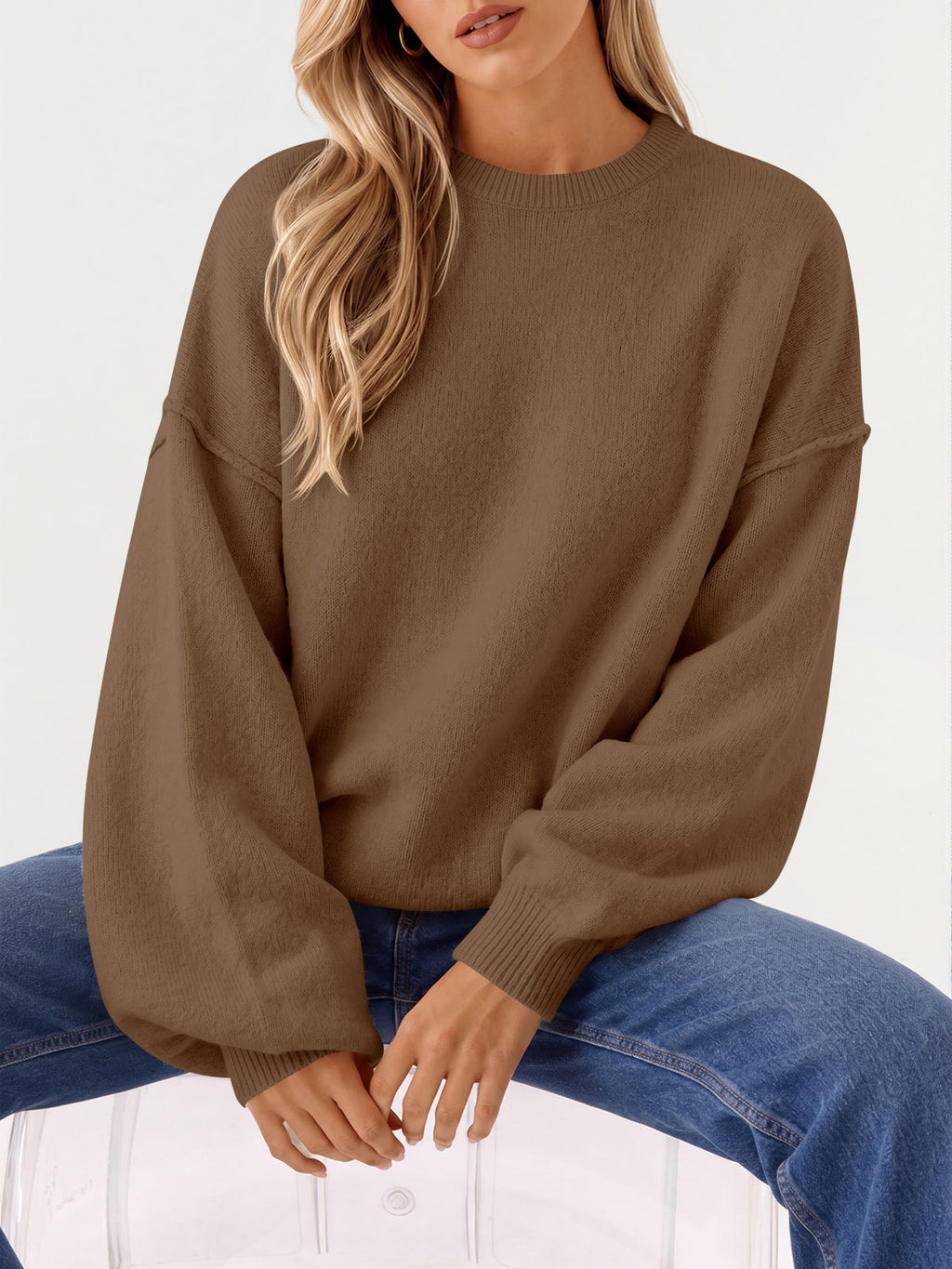 Saodimallsu Womens Oversized Crewneck Knit Pullover Tops