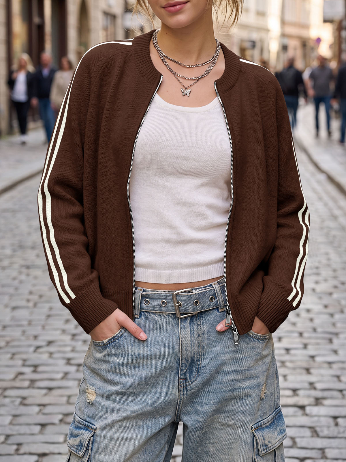 Saodimallsu Womens Zip Up Crew Neck Cardigan