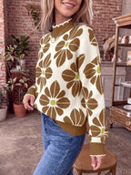 Saodimallsu Womens Mock Neck Floral Knit Sweater
