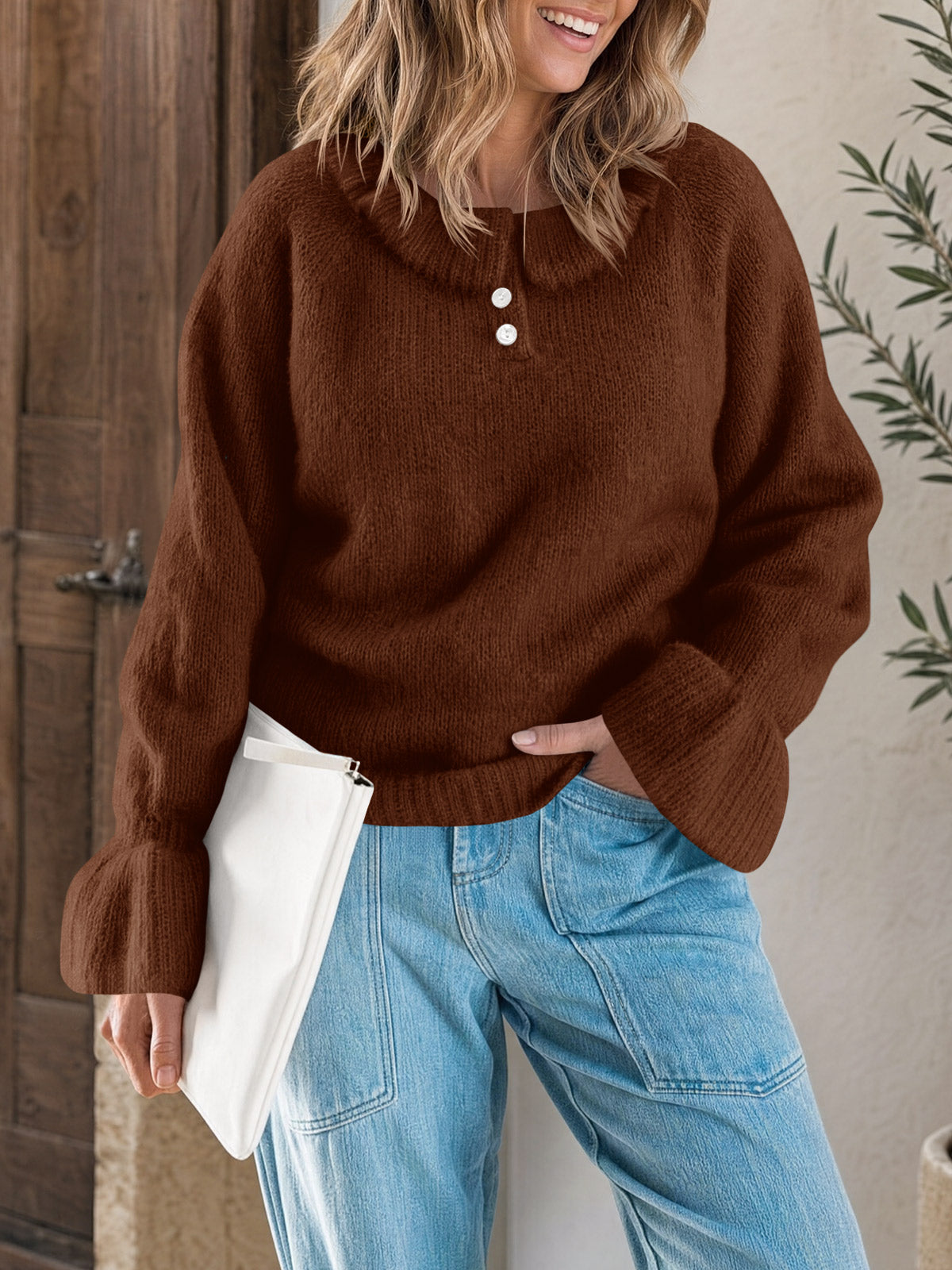Saodimallsu Women Ruffle Collared Long Sleeve Sweater
